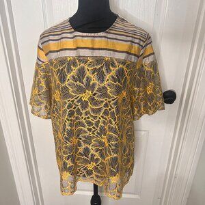 Anthropologie Floral  Short‎ Sleeve Casual Lace  Blouse  Stripe Top Size 6 NWT